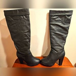 Colin Stuart Women's Size 8.5 Tall Leather Boots Black Knee High Cuff Block